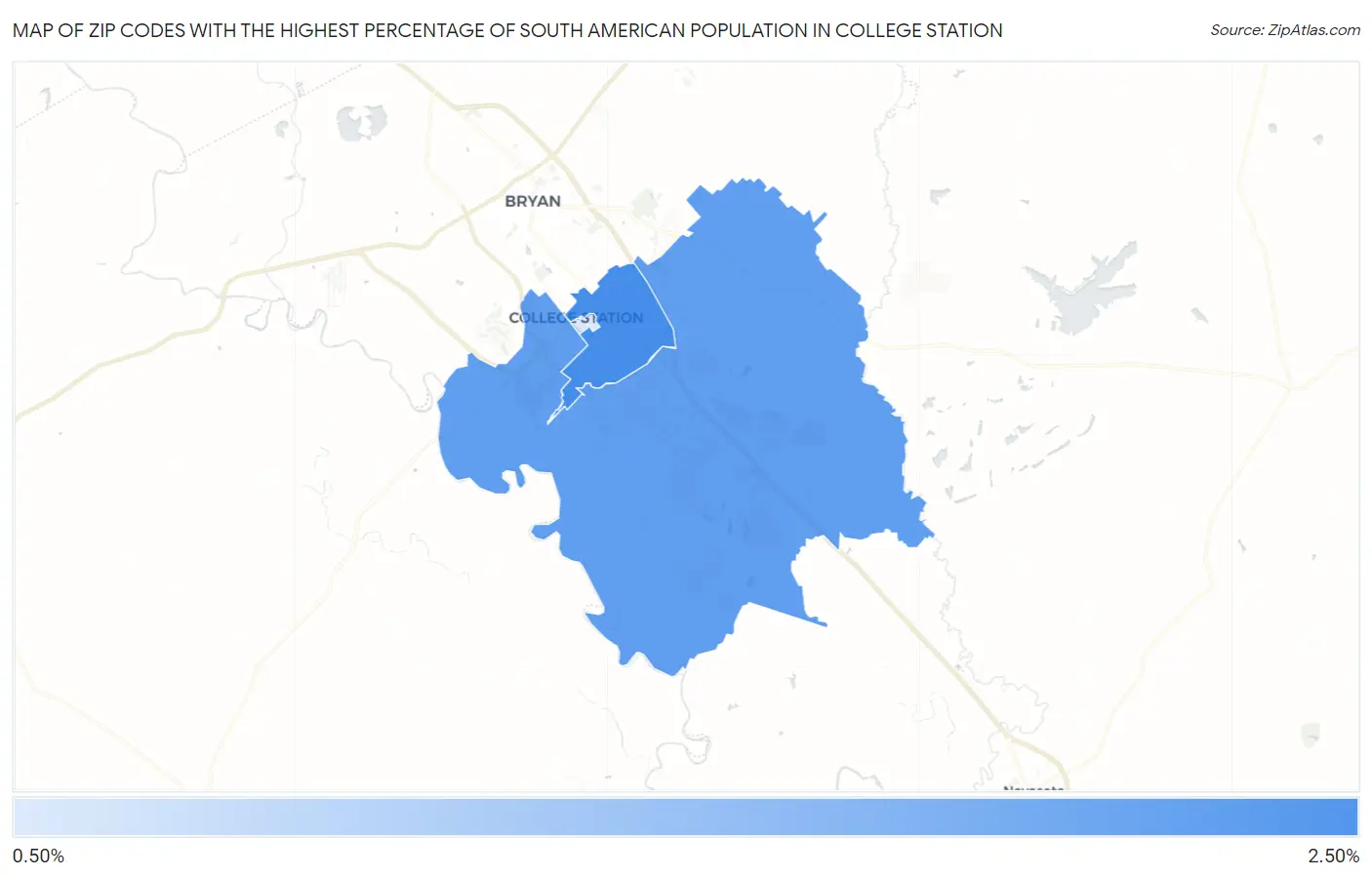 Zip Codes with the Highest Percentage of South American Population in College Station Map
