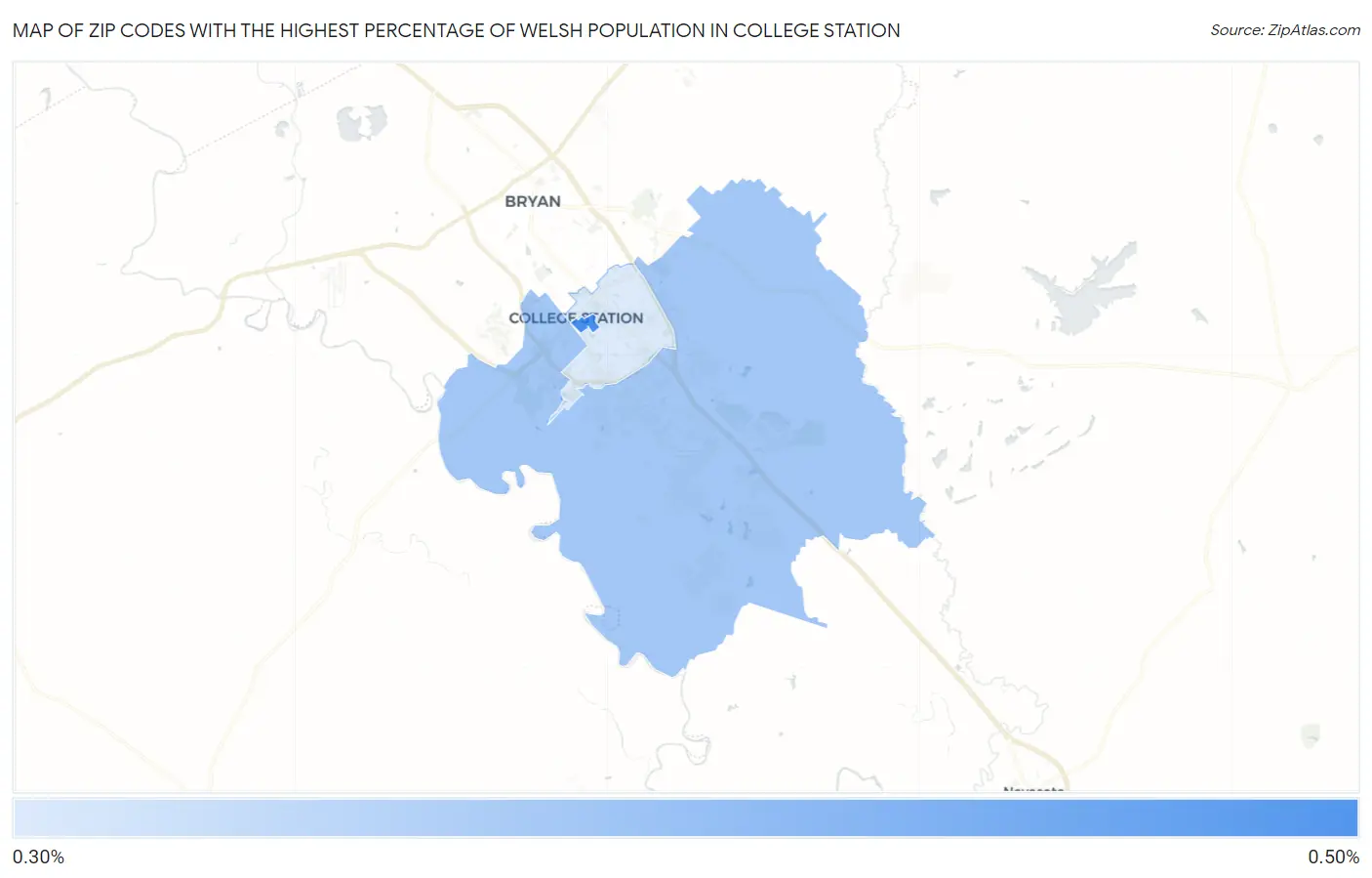 Zip Codes with the Highest Percentage of Welsh Population in College Station Map