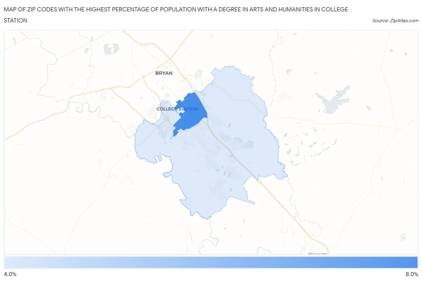 Zip Codes with the Highest Percentage of Population with a Degree in Arts and Humanities in College Station Map