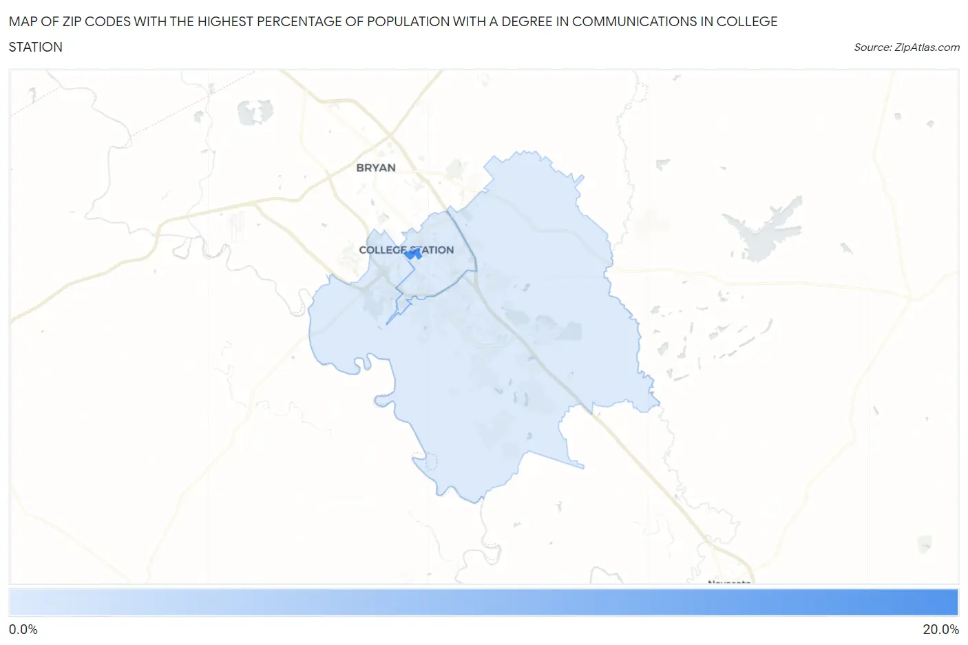 Zip Codes with the Highest Percentage of Population with a Degree in Communications in College Station Map