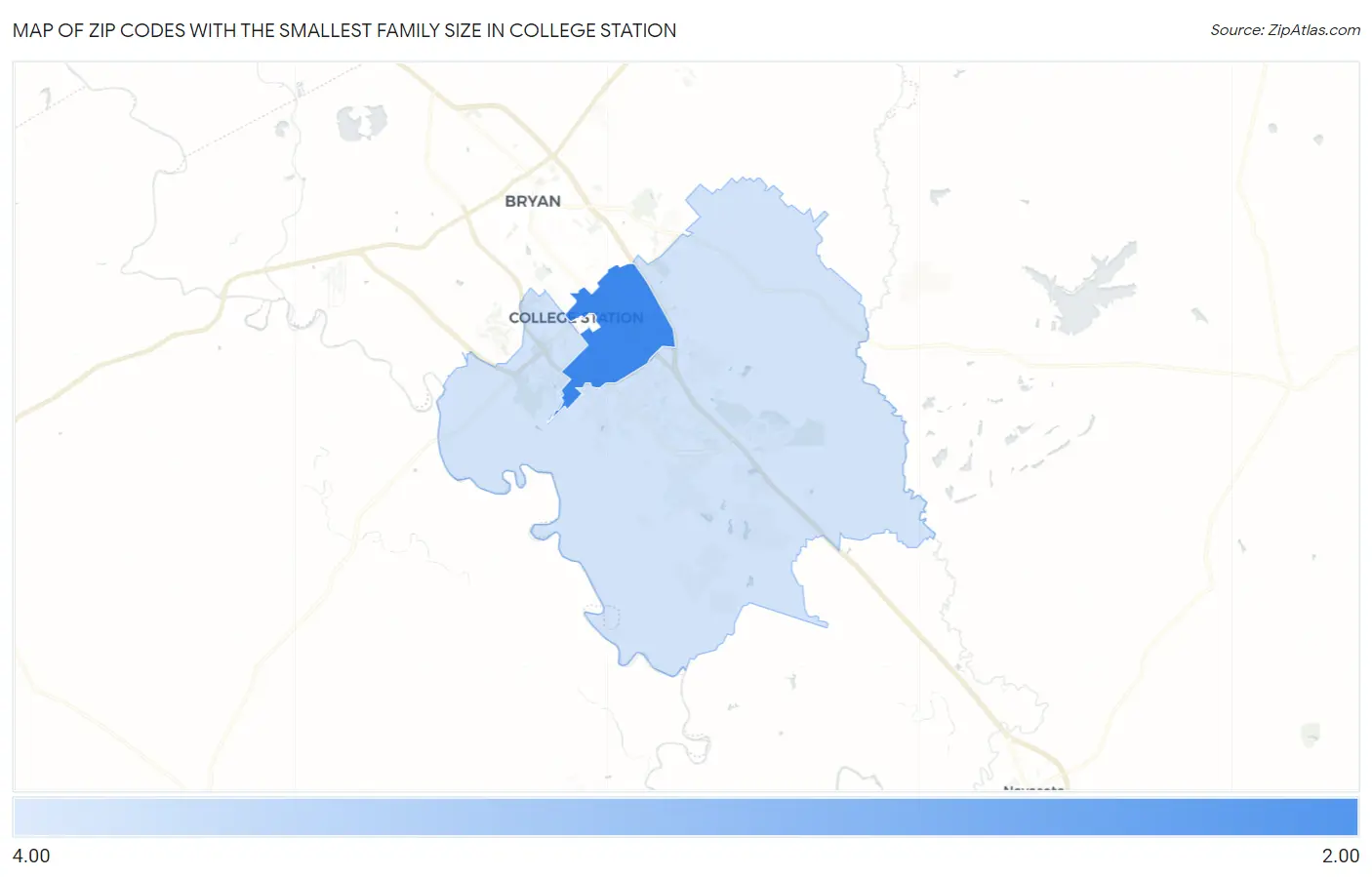Zip Codes with the Smallest Family Size in College Station Map