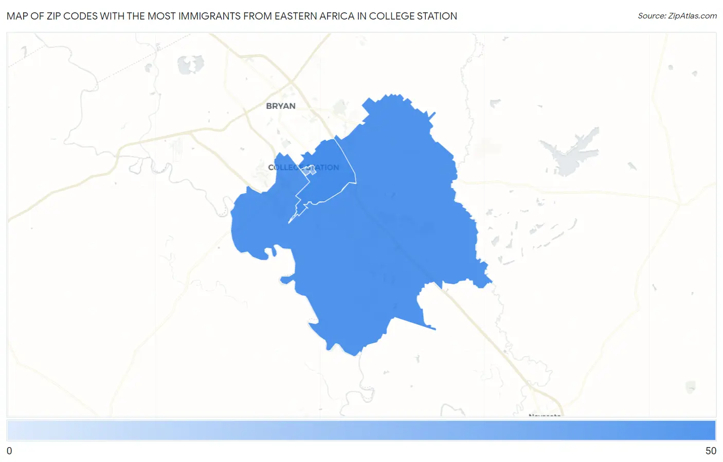 Zip Codes with the Most Immigrants from Eastern Africa in College Station Map