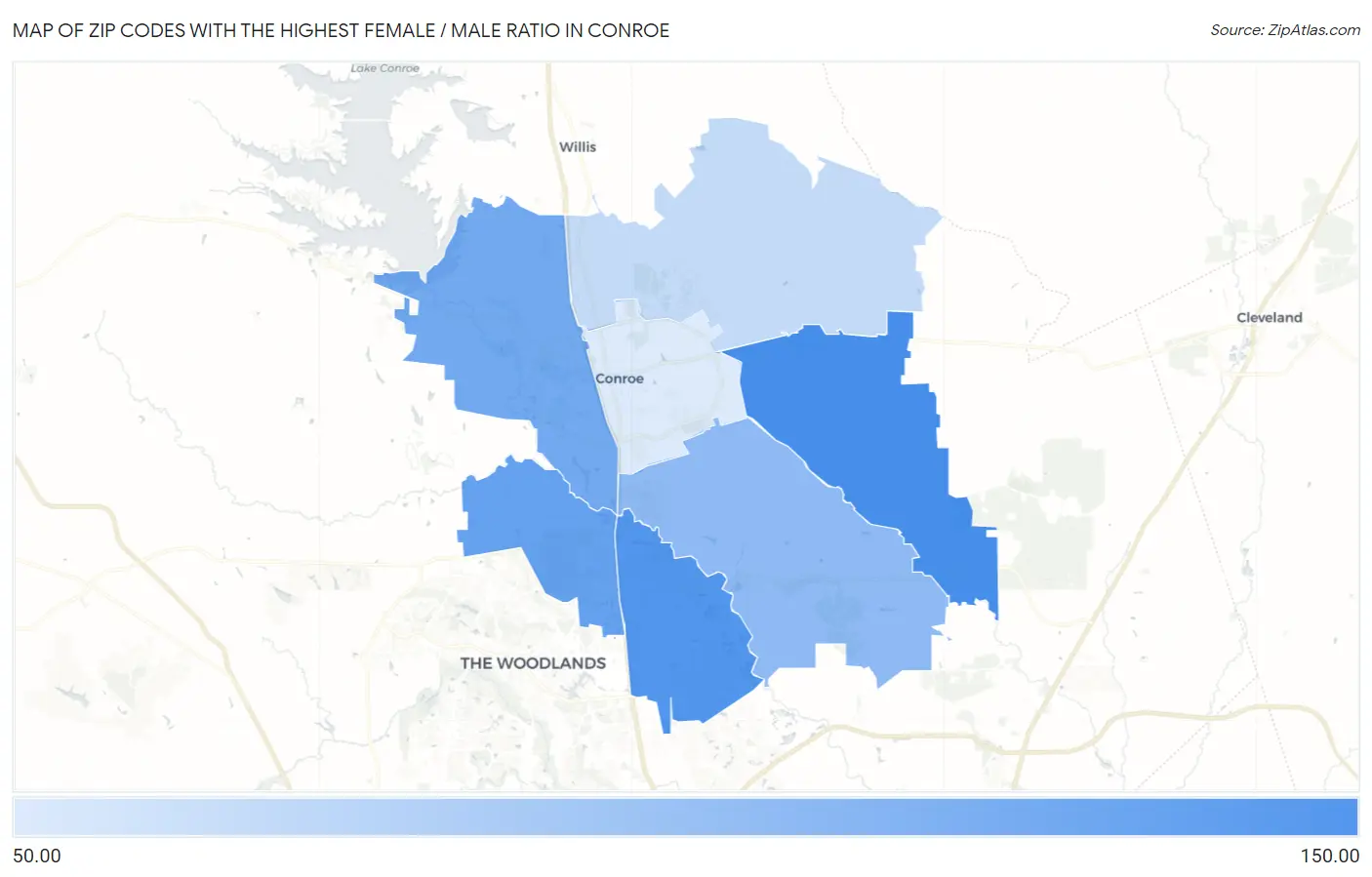 Zip Codes with the Highest Female / Male Ratio in Conroe Map