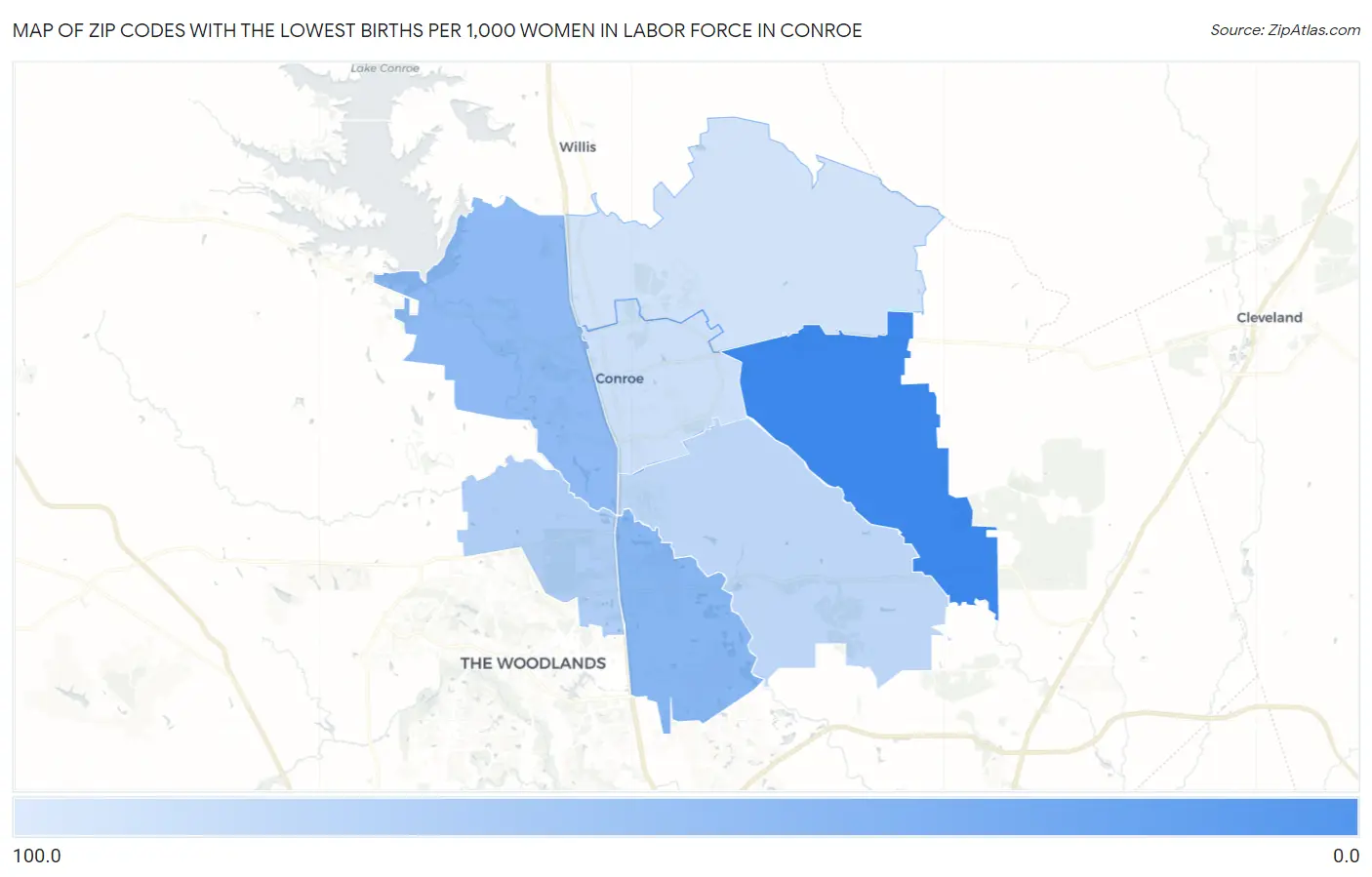 Zip Codes with the Lowest Births per 1,000 Women in Labor Force in Conroe Map