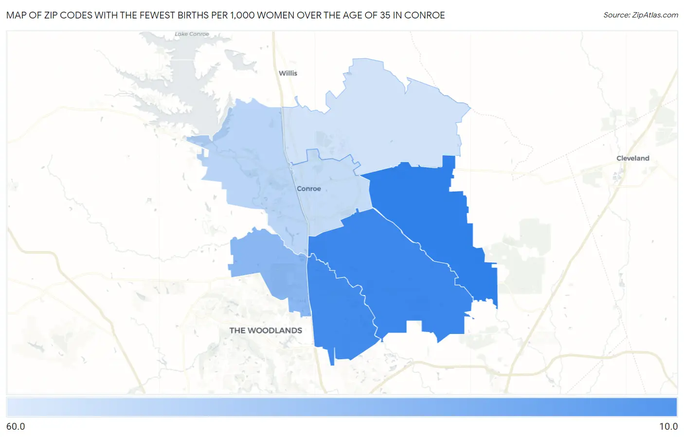 Zip Codes with the Fewest Births per 1,000 Women Over the Age of 35 in Conroe Map
