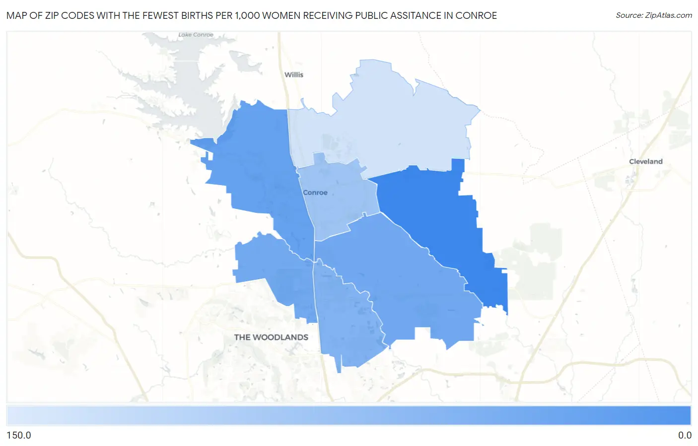 Zip Codes with the Fewest Births per 1,000 Women Receiving Public Assitance in Conroe Map