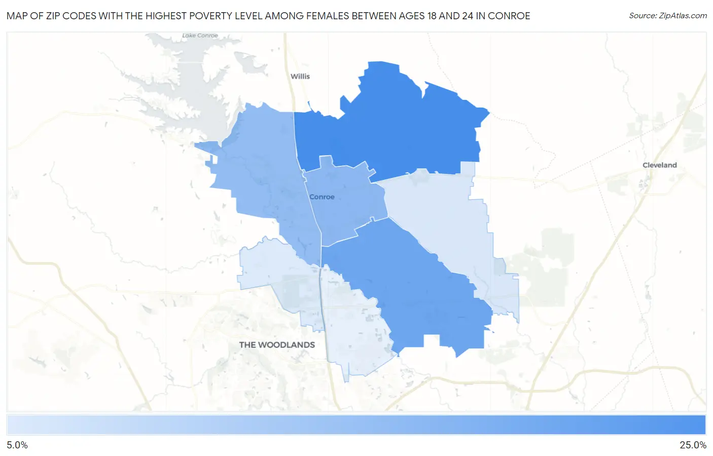 Zip Codes with the Highest Poverty Level Among Females Between Ages 18 and 24 in Conroe Map