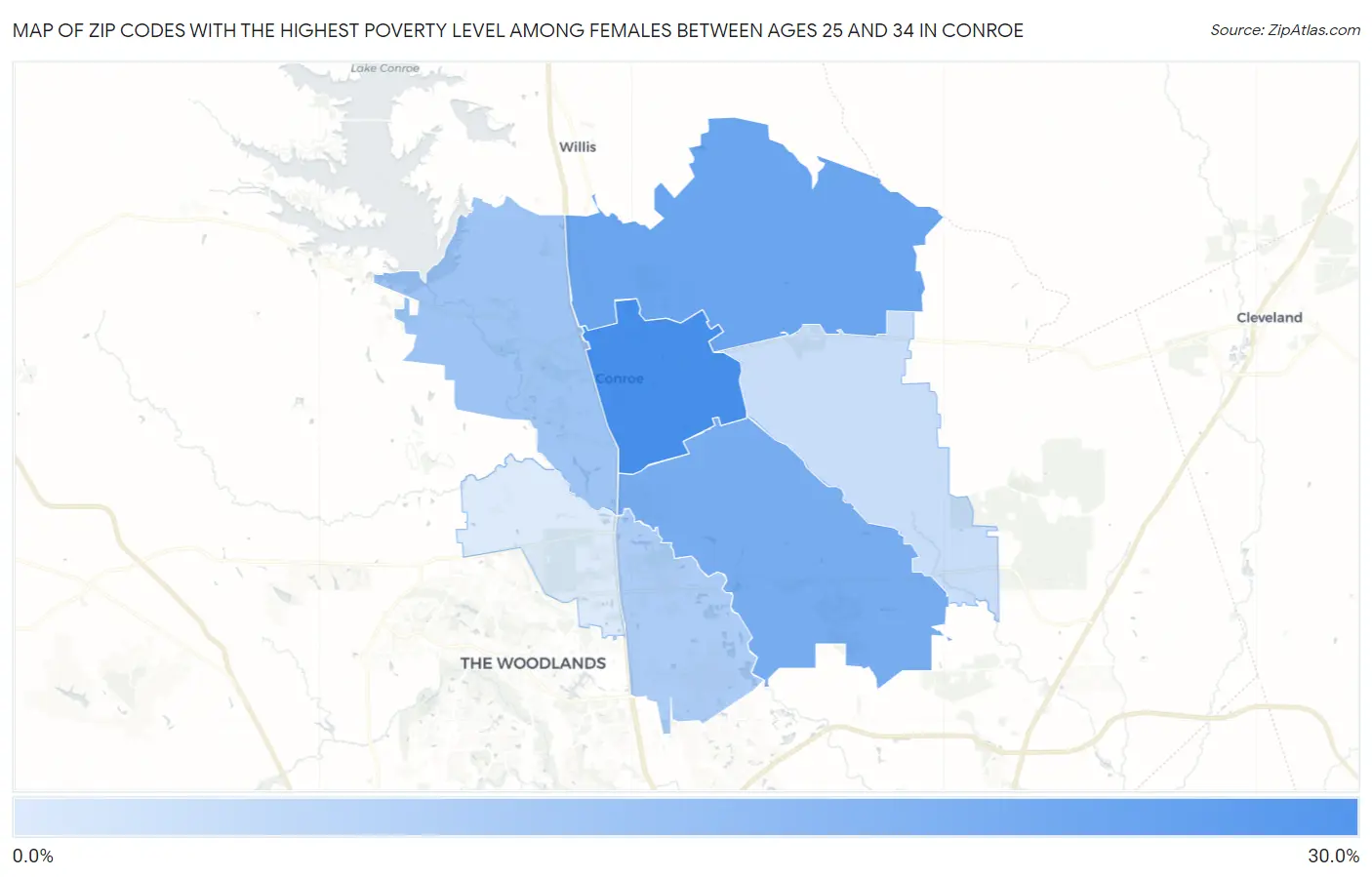 Zip Codes with the Highest Poverty Level Among Females Between Ages 25 and 34 in Conroe Map