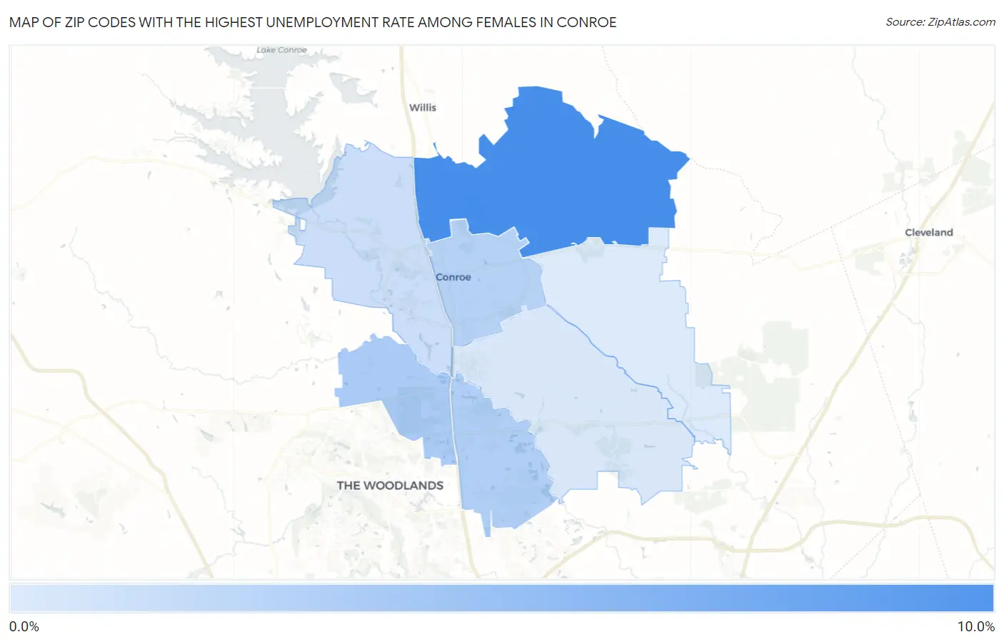 Zip Codes with the Highest Unemployment Rate Among Females in Conroe Map