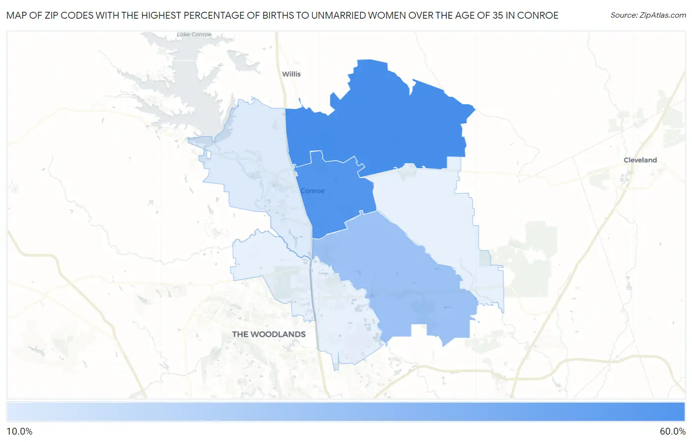 Zip Codes with the Highest Percentage of Births to Unmarried Women over the Age of 35 in Conroe Map