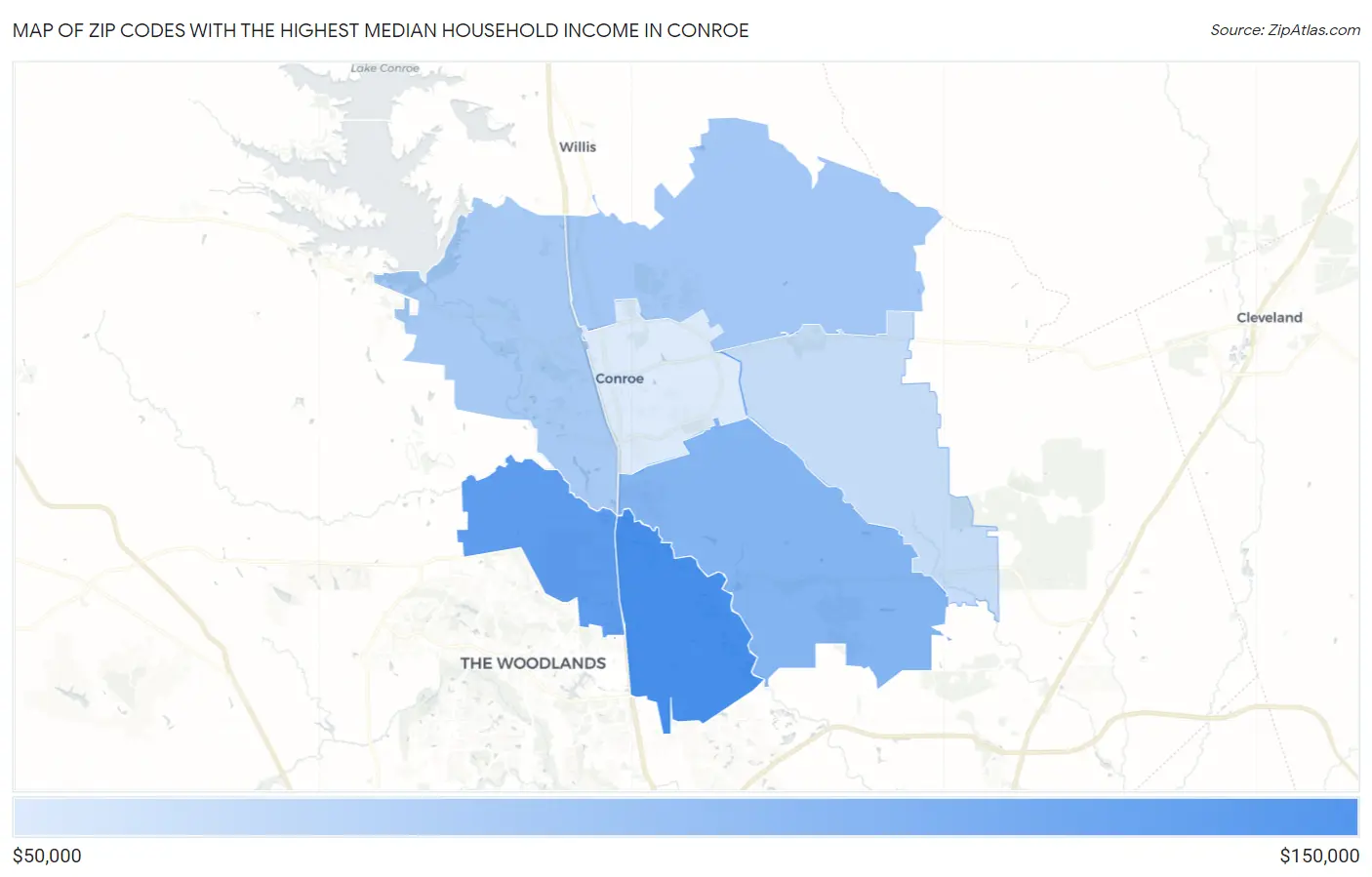 Zip Codes with the Highest Median Household Income in Conroe Map