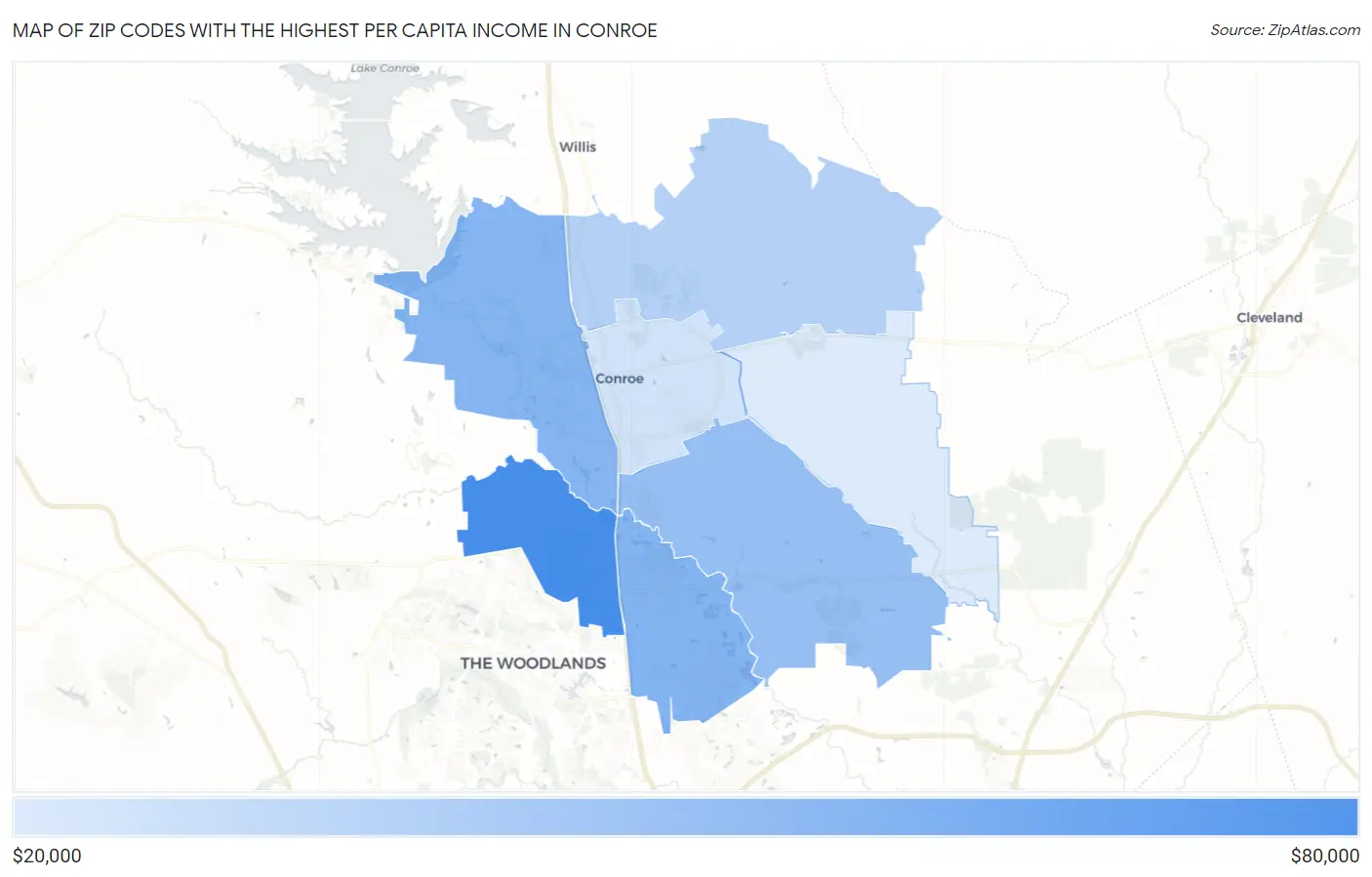 Zip Codes with the Highest Per Capita Income in Conroe Map