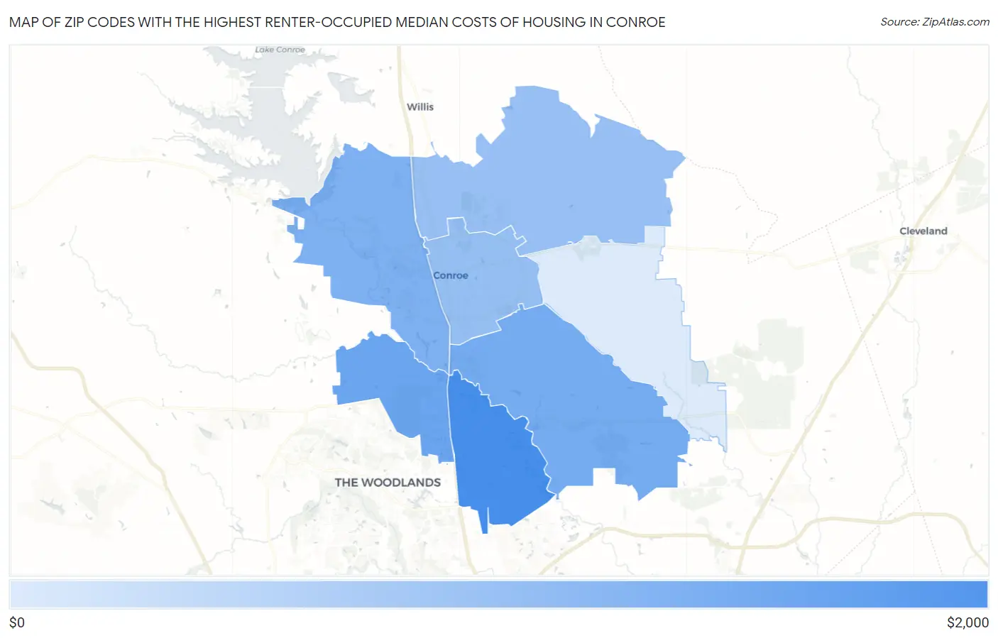 Zip Codes with the Highest Renter-Occupied Median Costs of Housing in Conroe Map