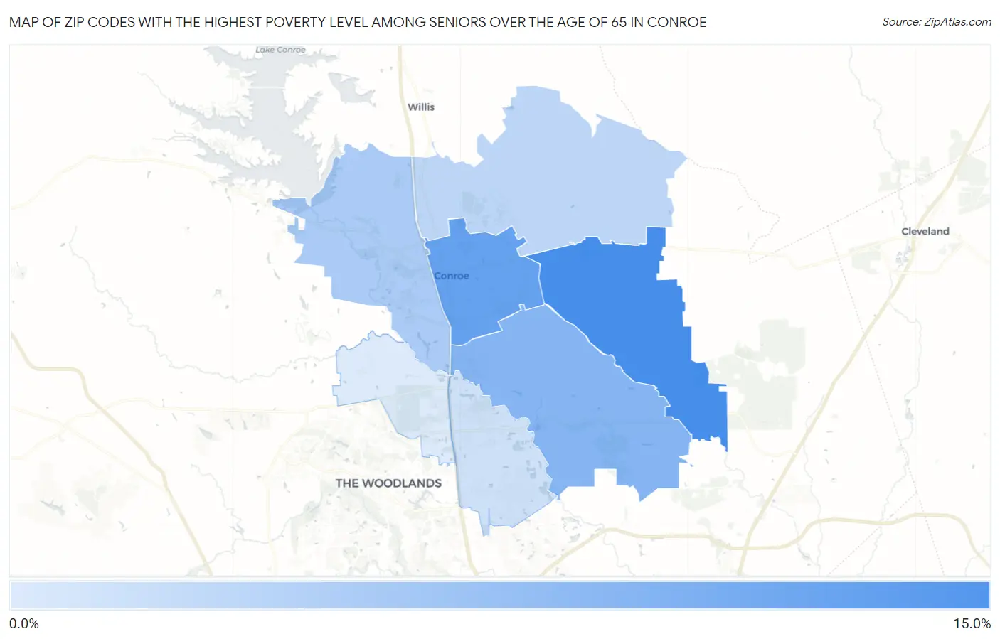 Zip Codes with the Highest Poverty Level Among Seniors Over the Age of 65 in Conroe Map