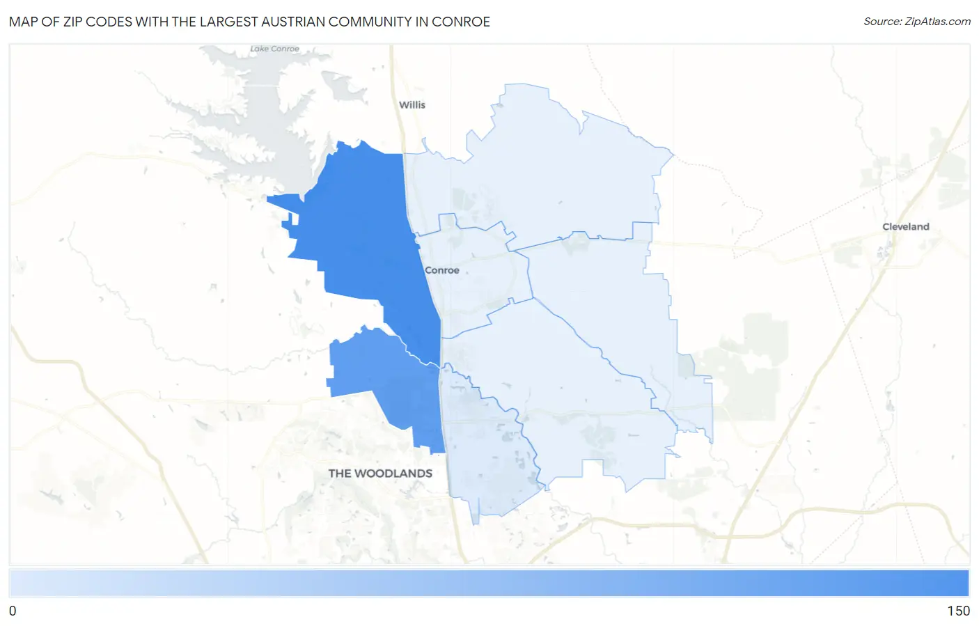 Zip Codes with the Largest Austrian Community in Conroe Map