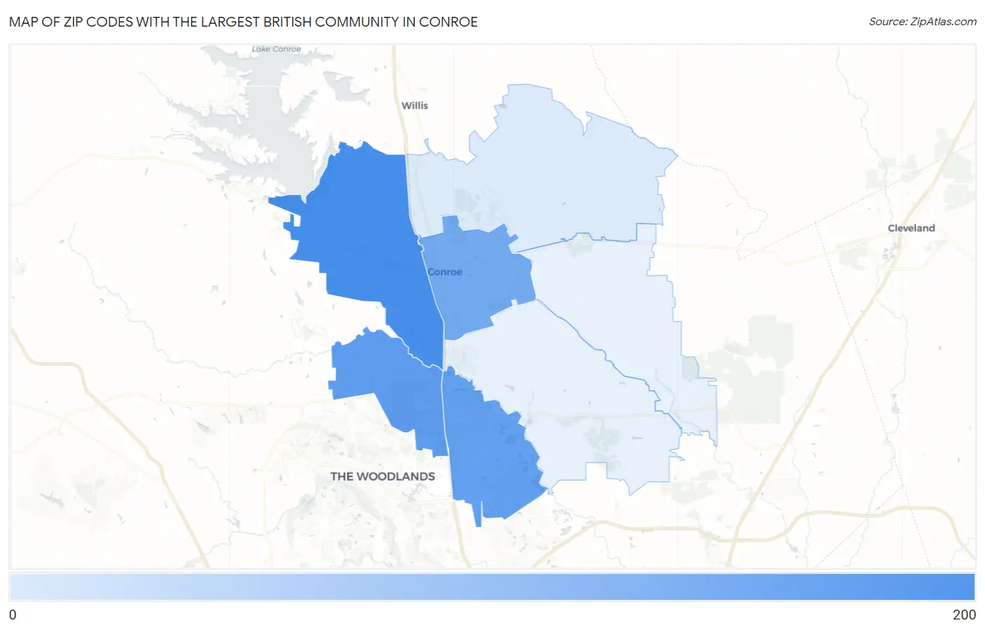 Zip Codes with the Largest British Community in Conroe Map