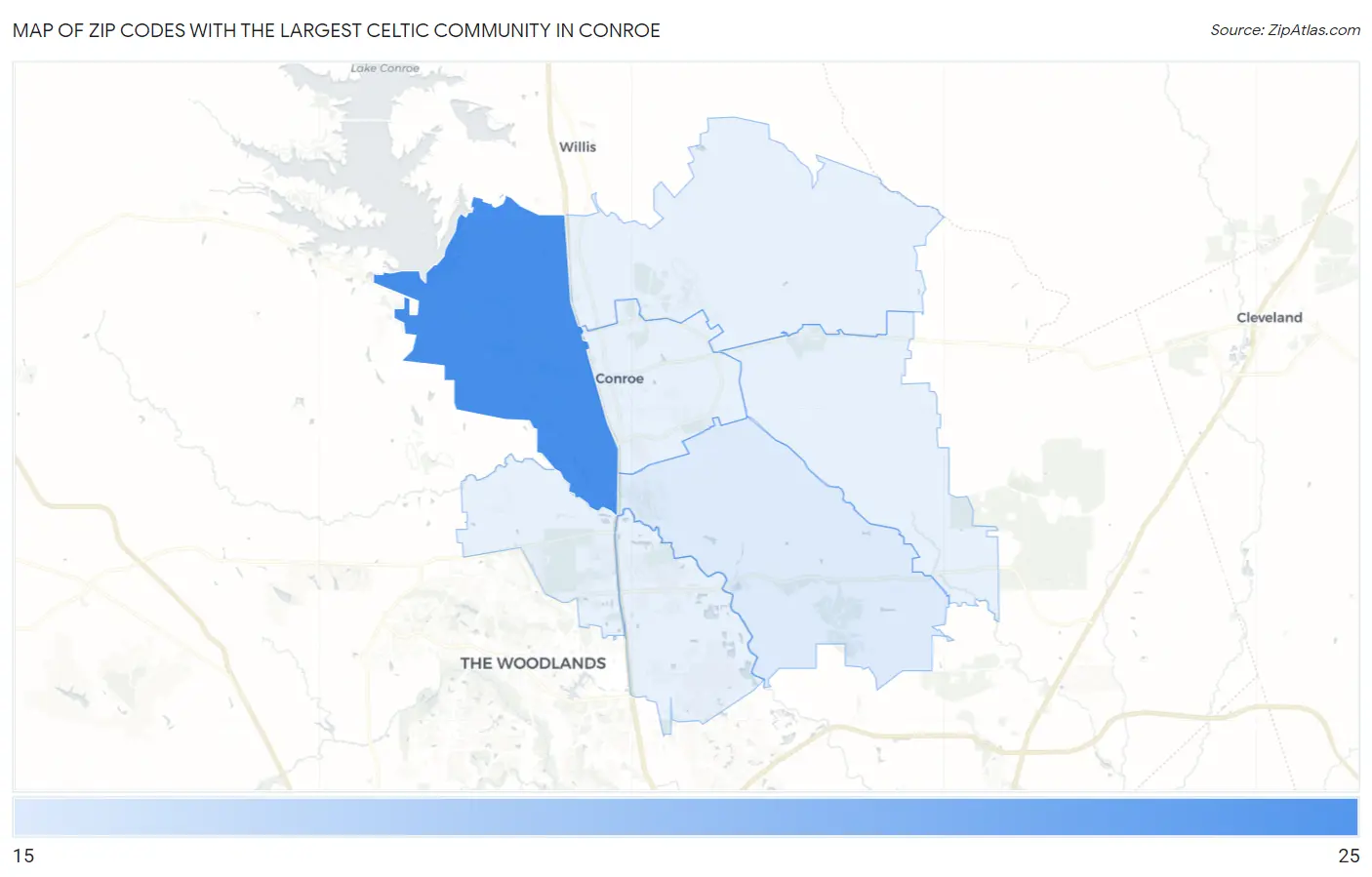 Zip Codes with the Largest Celtic Community in Conroe Map