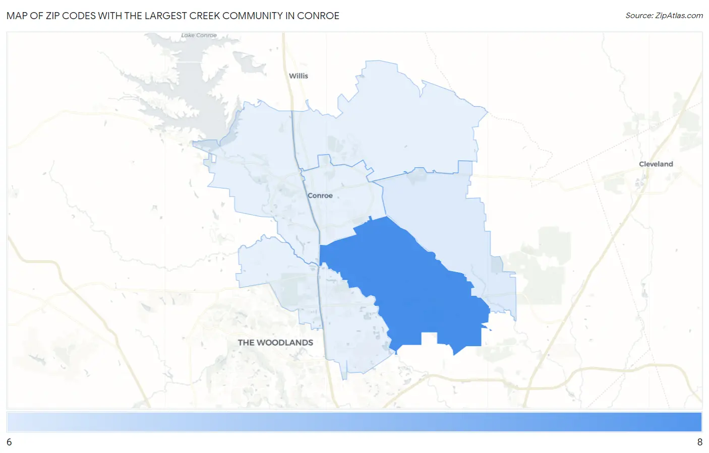 Zip Codes with the Largest Creek Community in Conroe Map