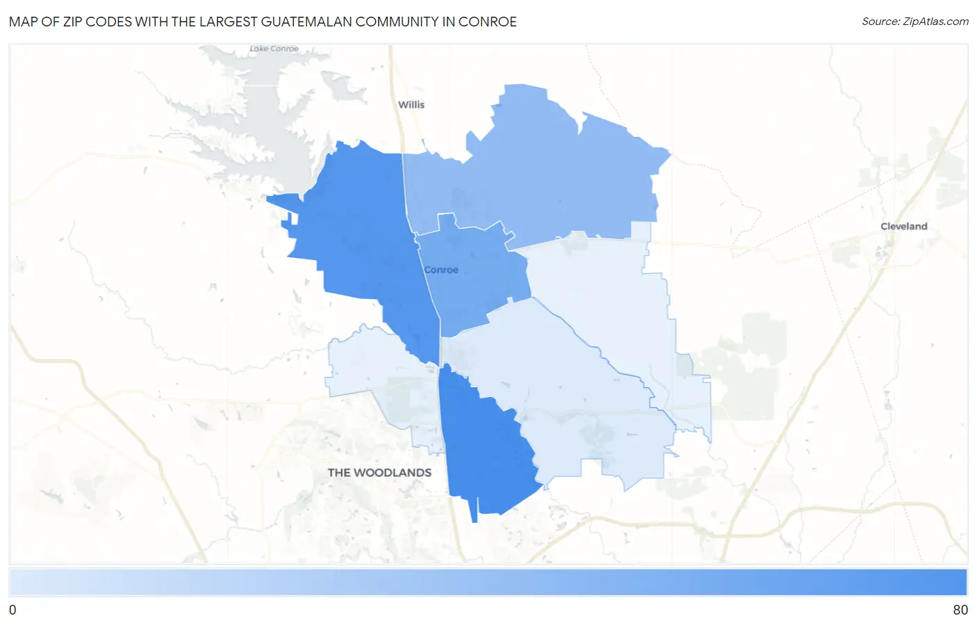 Zip Codes with the Largest Guatemalan Community in Conroe Map