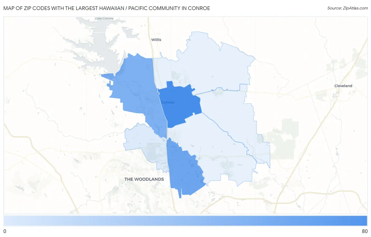 Zip Codes with the Largest Hawaiian / Pacific Community in Conroe Map