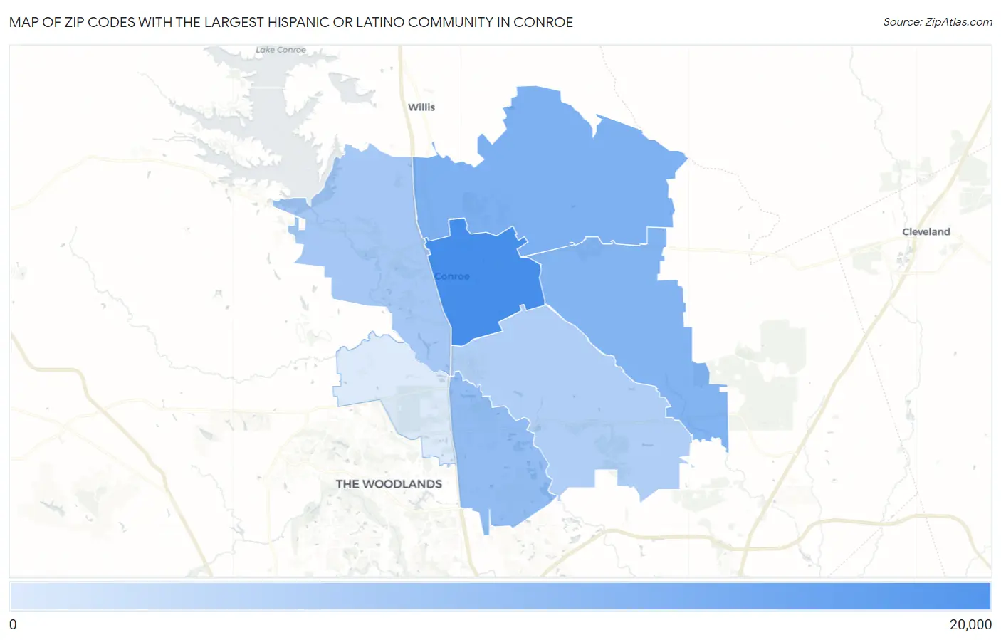 Zip Codes with the Largest Hispanic or Latino Community in Conroe Map