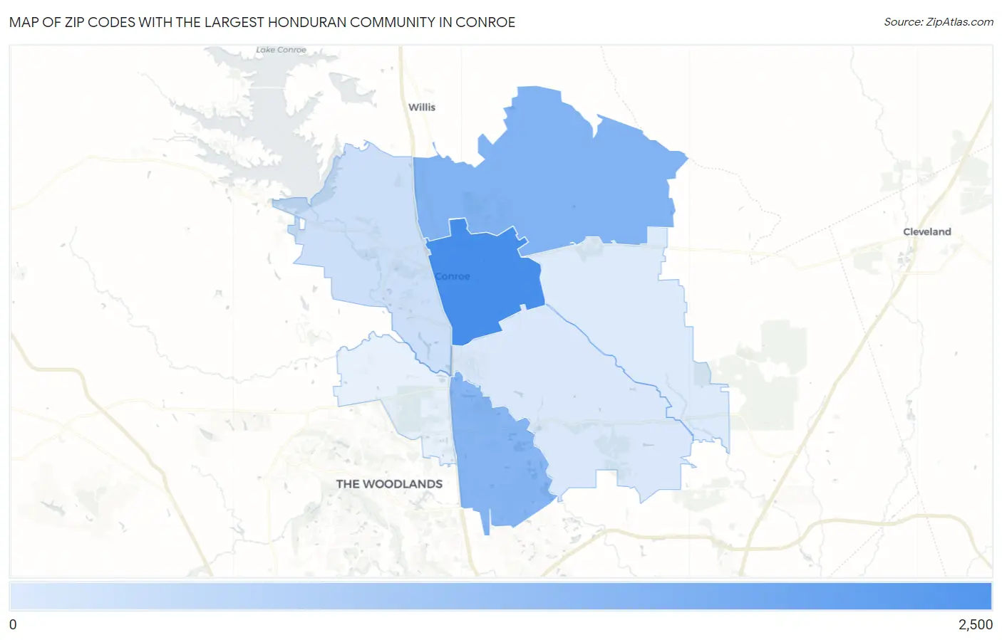 Zip Codes with the Largest Honduran Community in Conroe Map