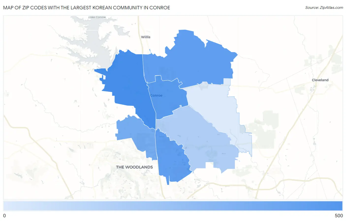 Zip Codes with the Largest Korean Community in Conroe Map