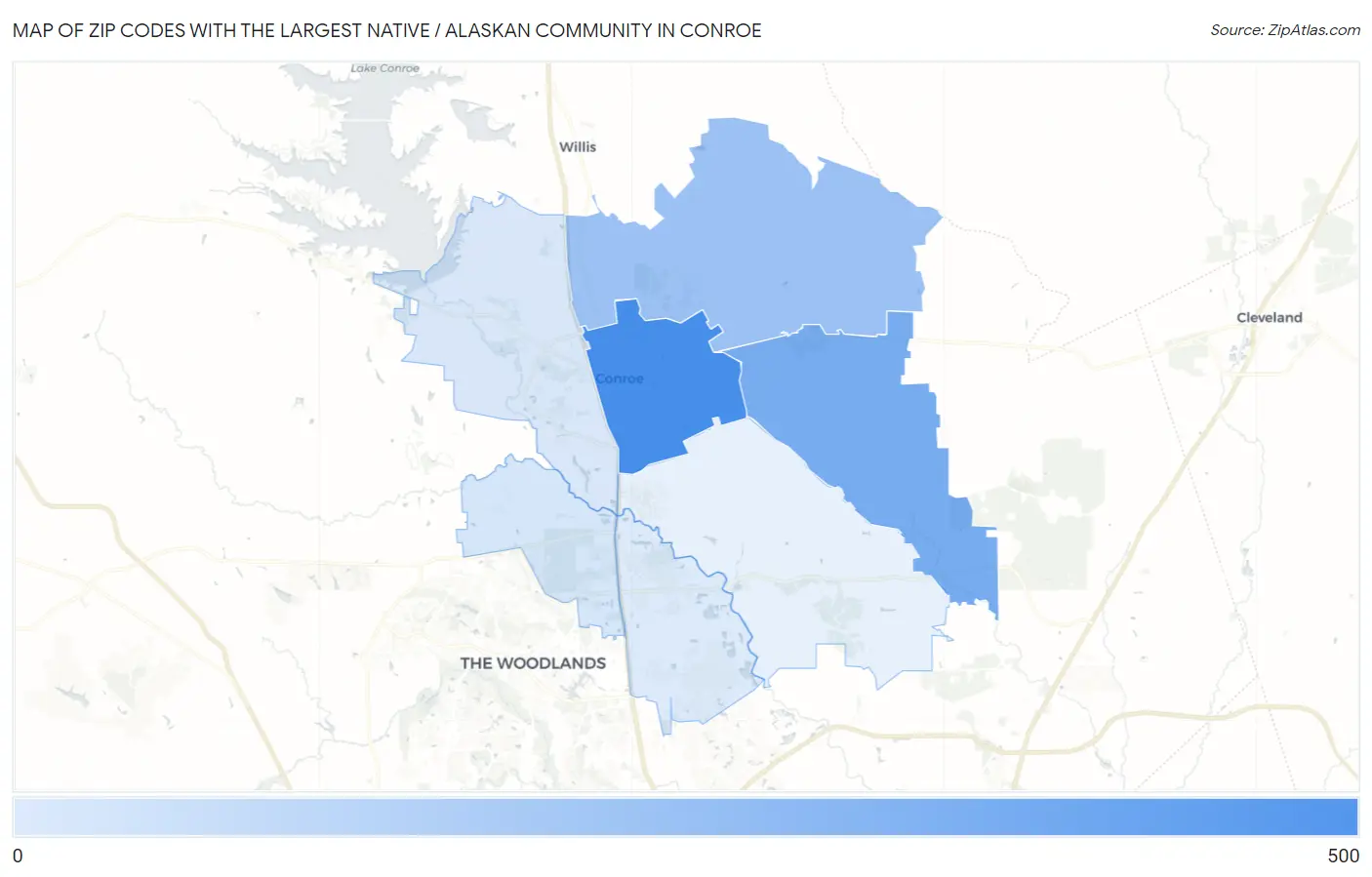 Zip Codes with the Largest Native / Alaskan Community in Conroe Map