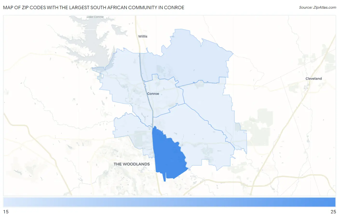 Zip Codes with the Largest South African Community in Conroe Map
