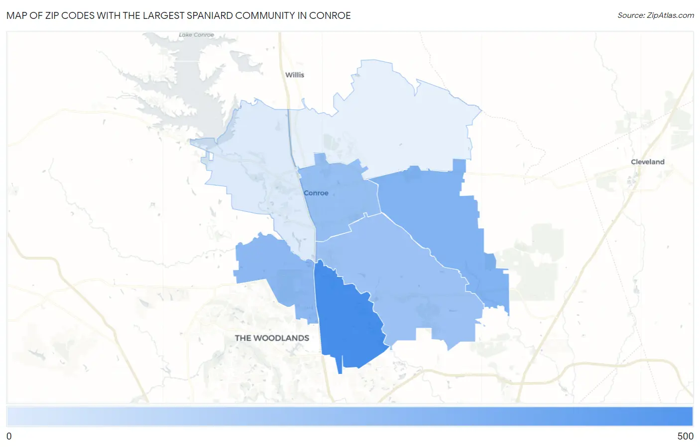 Zip Codes with the Largest Spaniard Community in Conroe Map