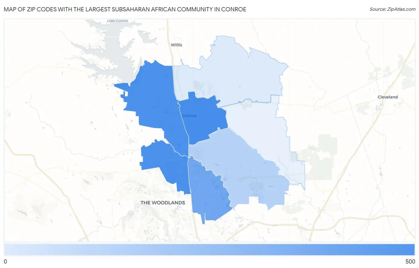 Zip Codes with the Largest Subsaharan African Community in Conroe Map