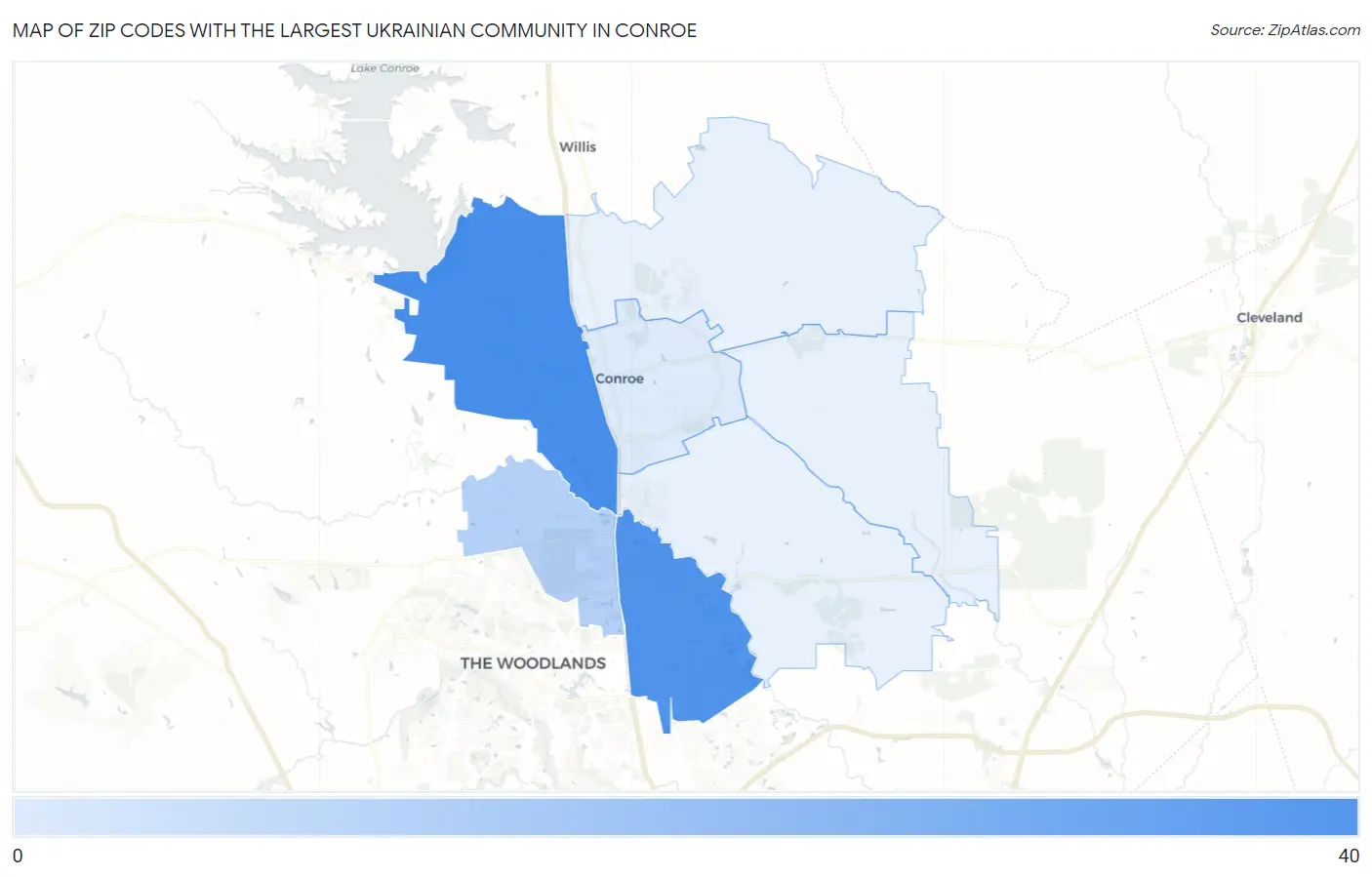 Zip Codes with the Largest Ukrainian Community in Conroe Map