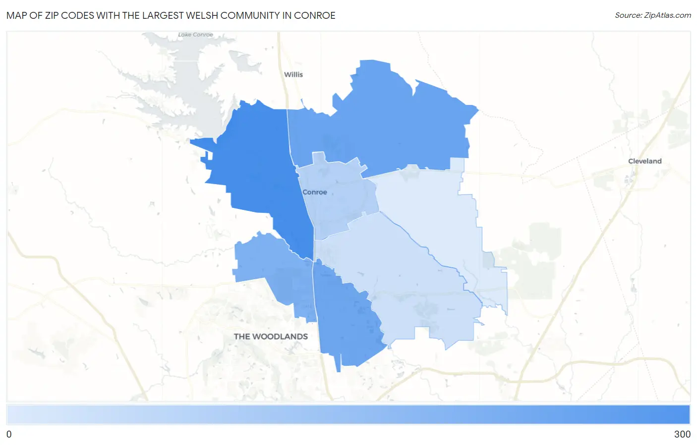 Zip Codes with the Largest Welsh Community in Conroe Map