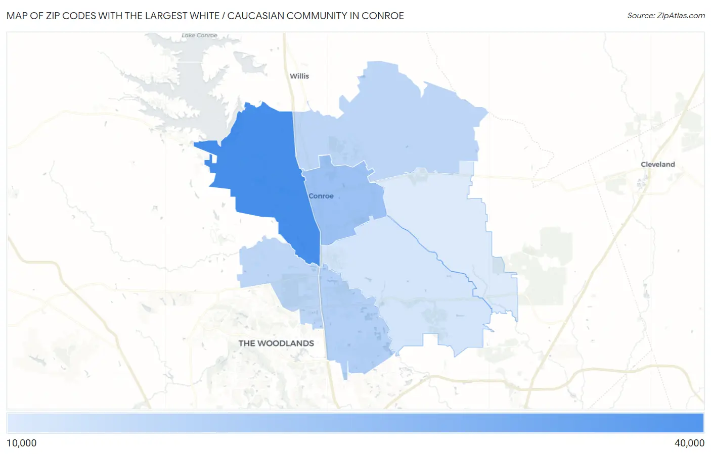 Zip Codes with the Largest White / Caucasian Community in Conroe Map