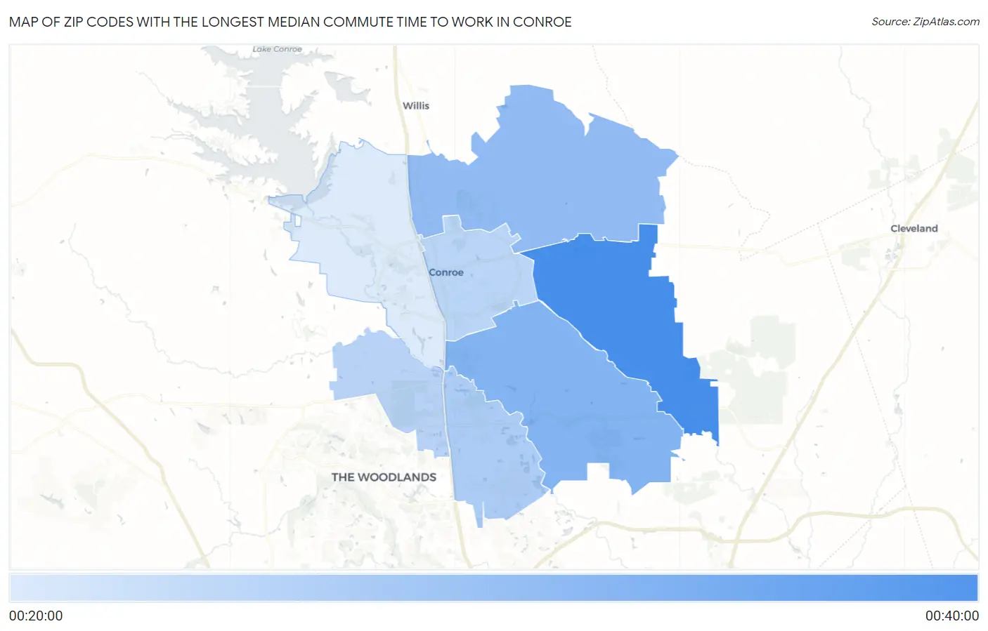 Zip Codes with the Longest Median Commute Time to Work in Conroe Map
