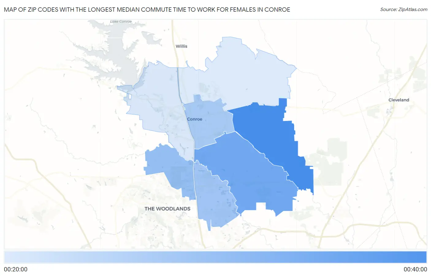 Zip Codes with the Longest Median Commute Time to Work for Females in Conroe Map