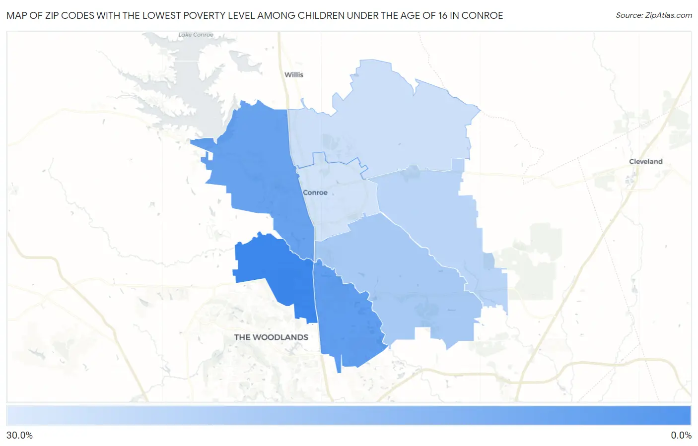 Zip Codes with the Lowest Poverty Level Among Children Under the Age of 16 in Conroe Map