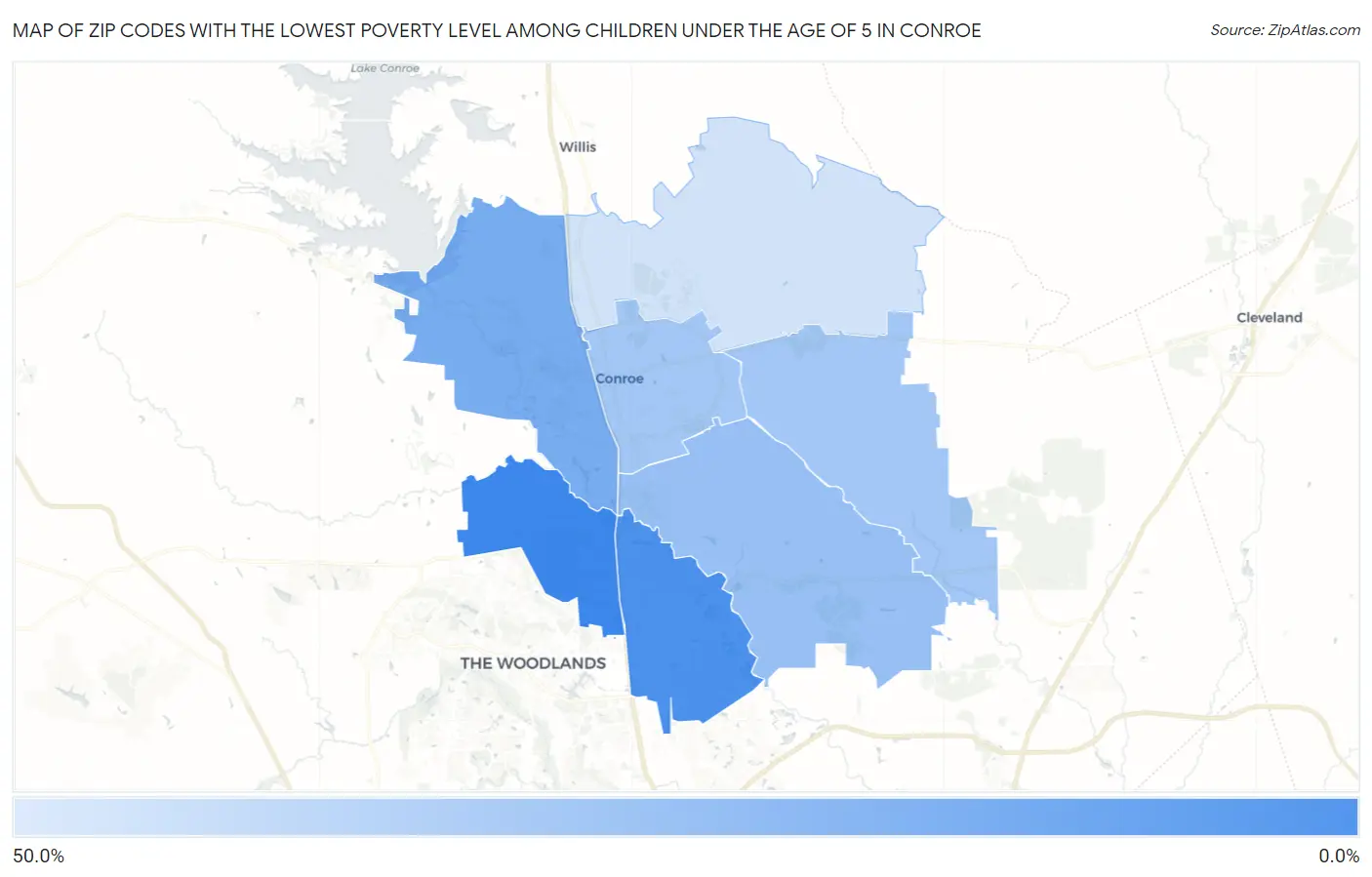 Zip Codes with the Lowest Poverty Level Among Children Under the Age of 5 in Conroe Map