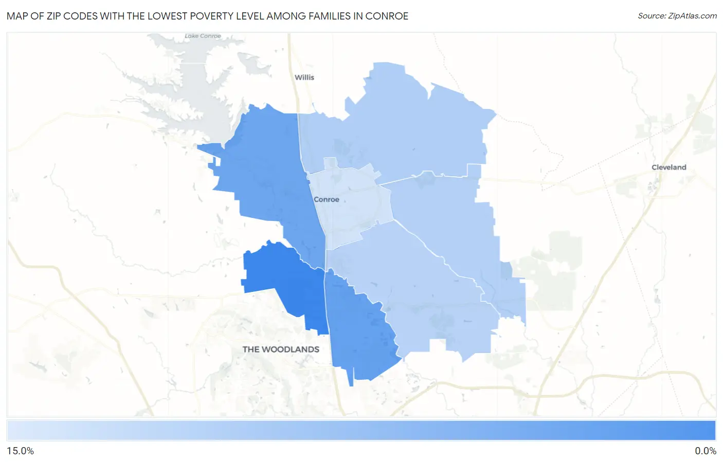Zip Codes with the Lowest Poverty Level Among Families in Conroe Map