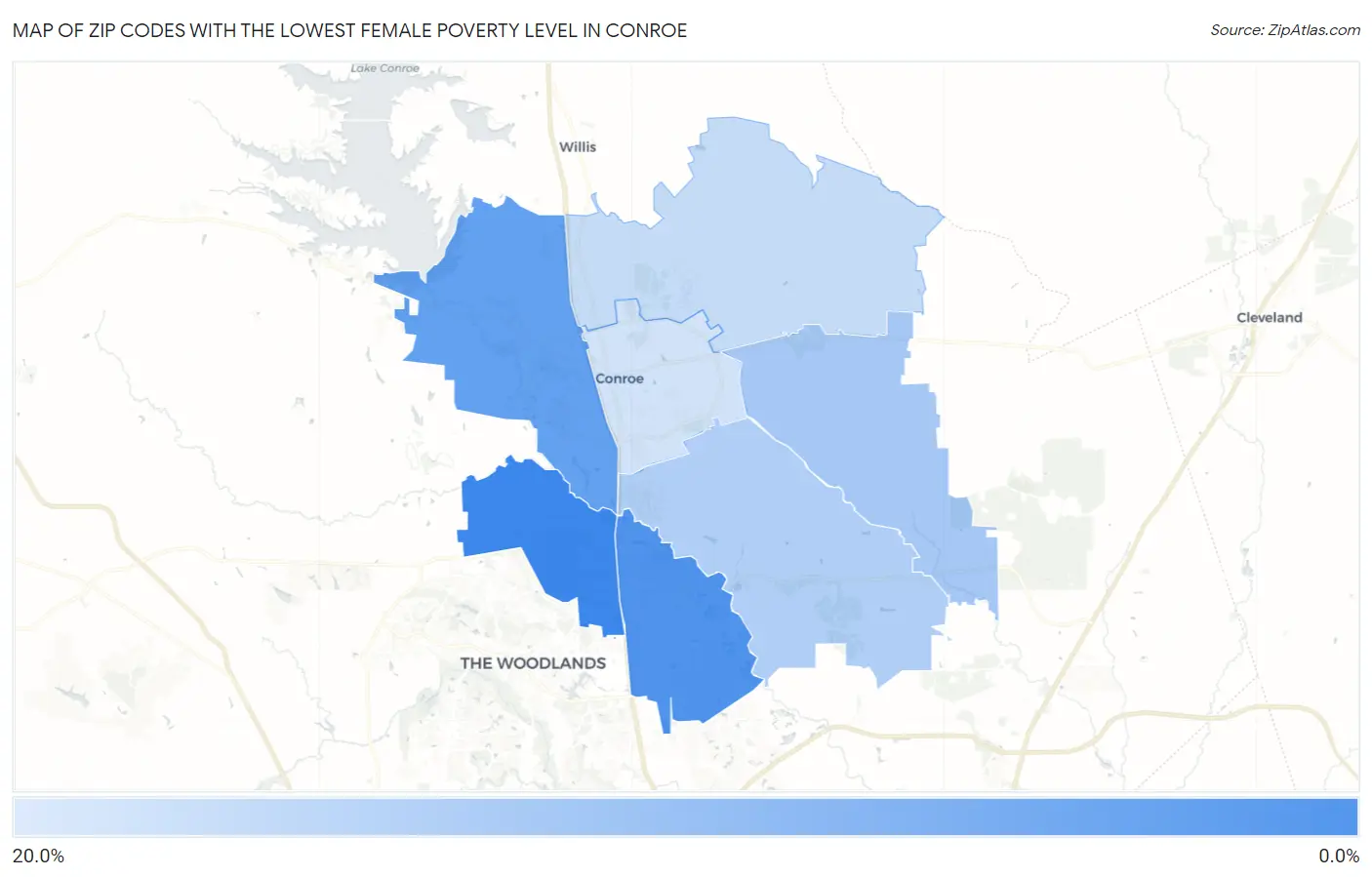 Zip Codes with the Lowest Female Poverty Level in Conroe Map