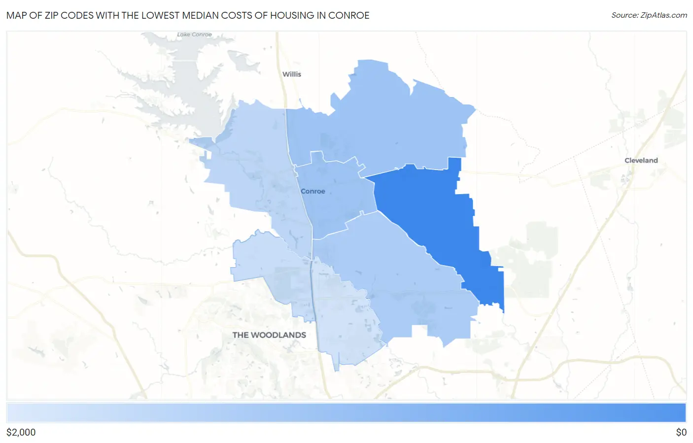 Zip Codes with the Lowest Median Costs of Housing in Conroe Map