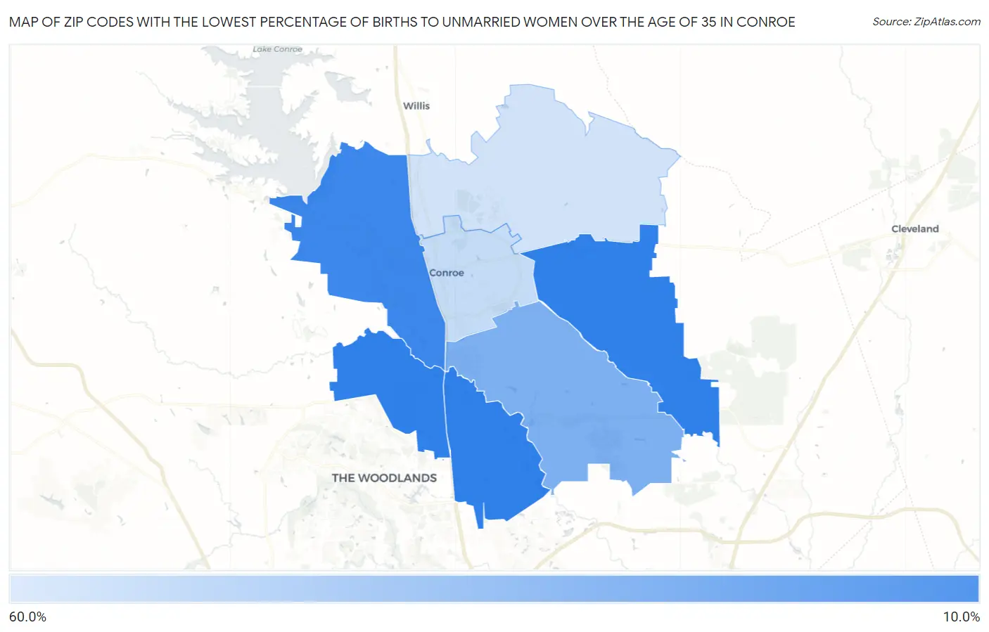 Zip Codes with the Lowest Percentage of Births to Unmarried Women over the Age of 35 in Conroe Map