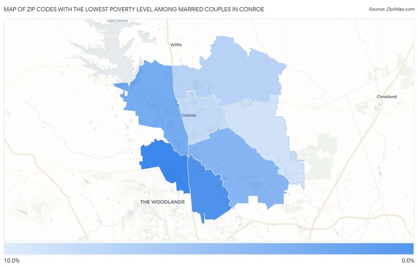 Zip Codes with the Lowest Poverty Level Among Married Couples in Conroe Map