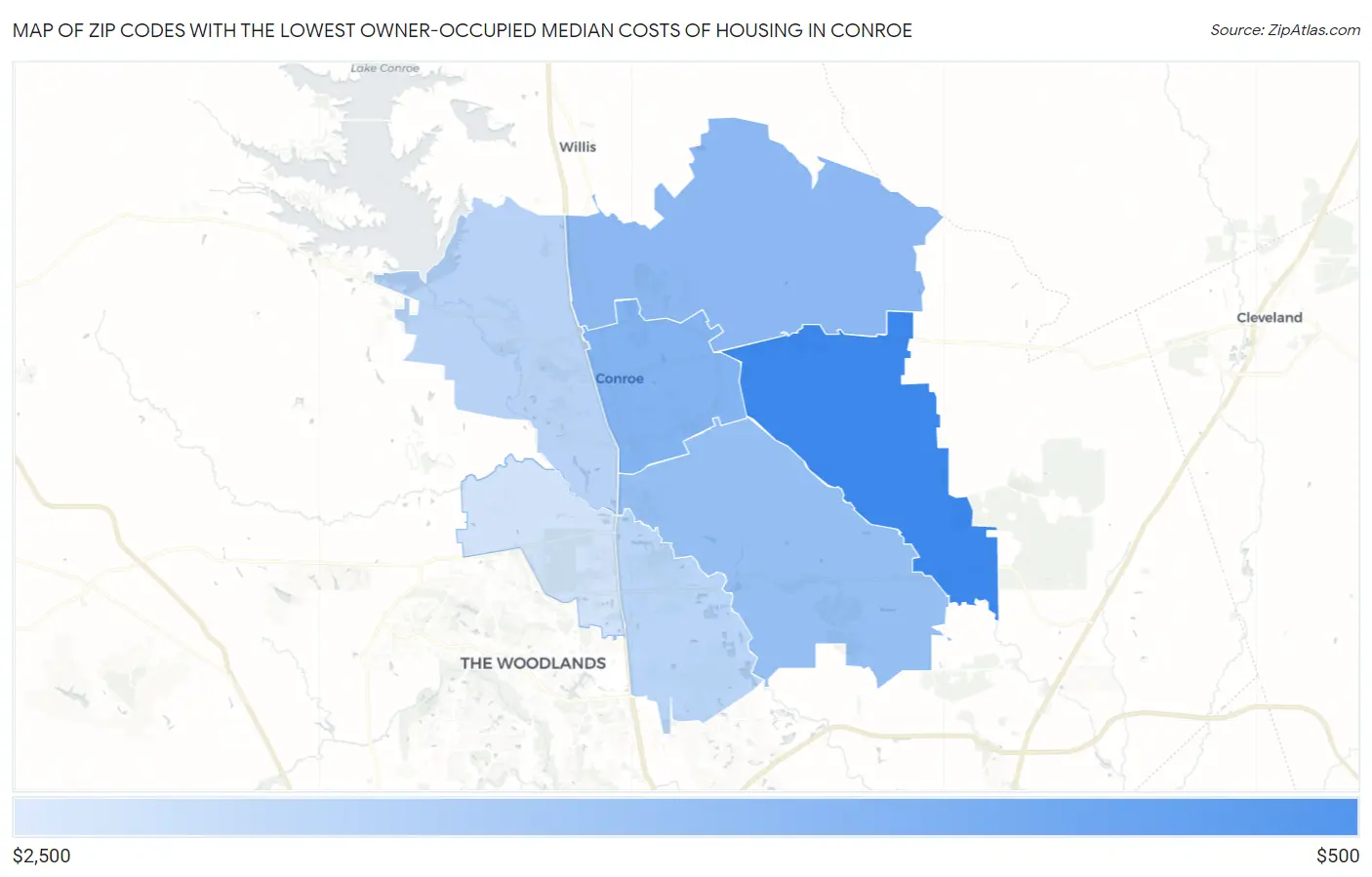 Zip Codes with the Lowest Owner-Occupied Median Costs of Housing in Conroe Map