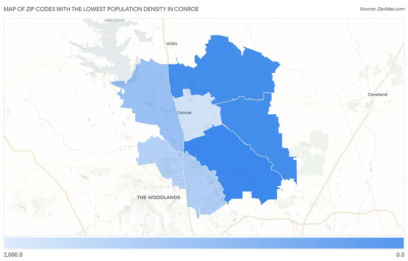 Zip Codes with the Lowest Population Density in Conroe Map