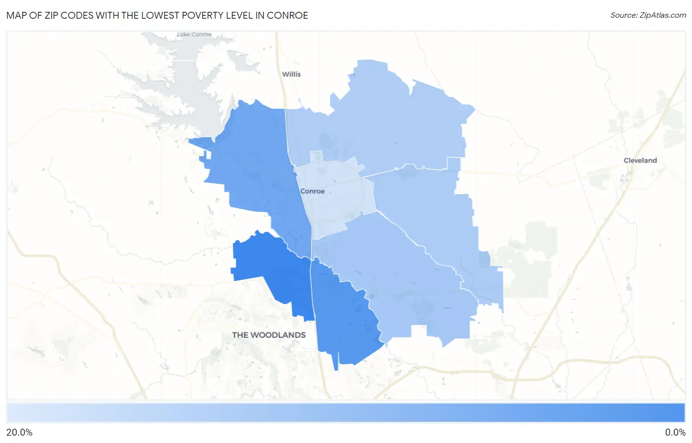 Zip Codes with the Lowest Poverty Level in Conroe Map