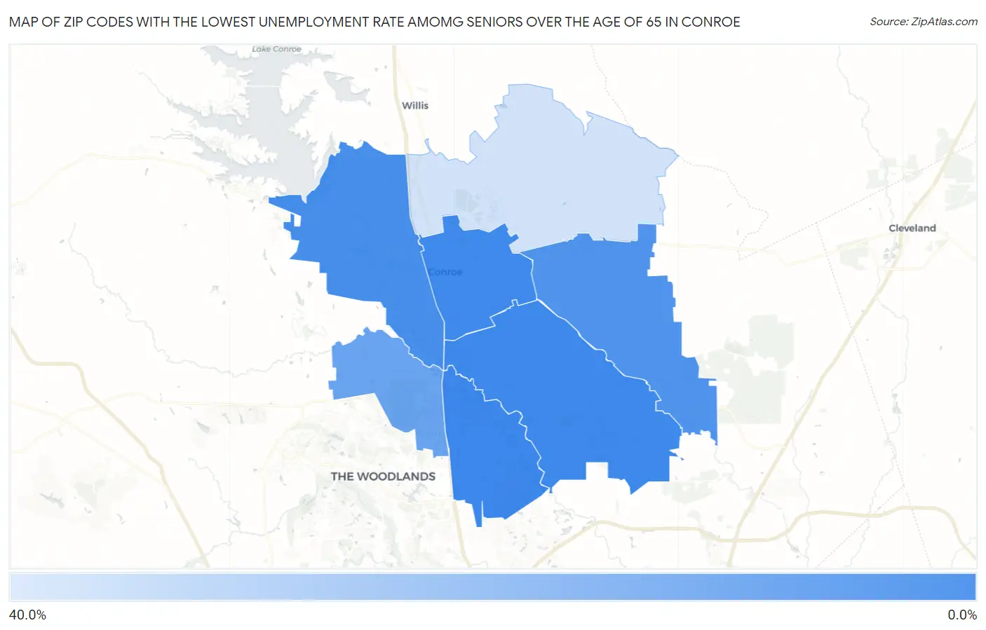 Zip Codes with the Lowest Unemployment Rate Amomg Seniors Over the Age of 65 in Conroe Map