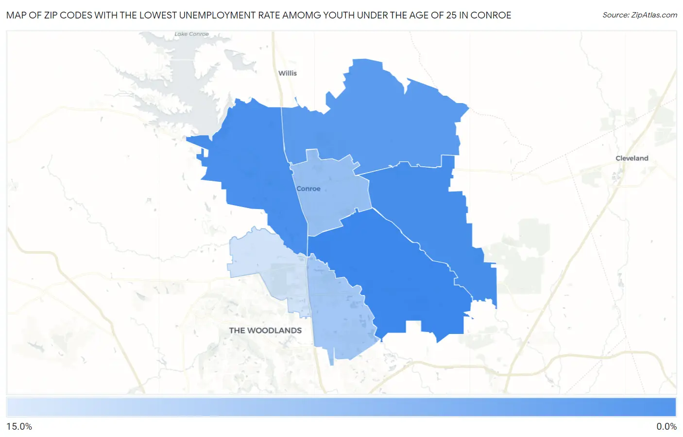 Zip Codes with the Lowest Unemployment Rate Amomg Youth Under the Age of 25 in Conroe Map