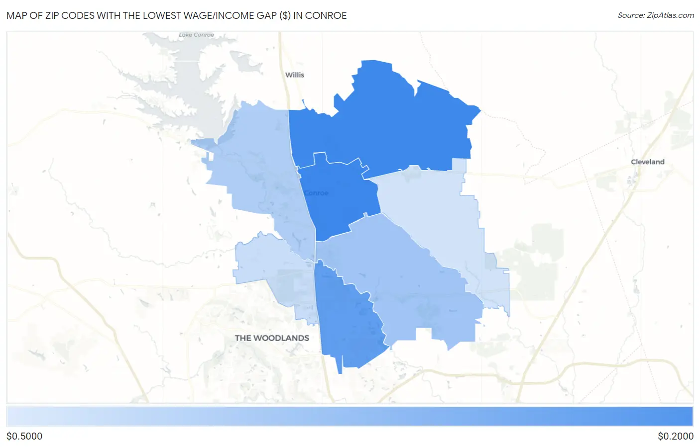 Zip Codes with the Lowest Wage/Income Gap ($) in Conroe Map