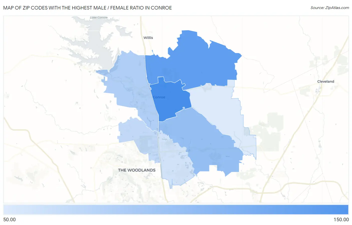 Zip Codes with the Highest Male / Female Ratio in Conroe Map
